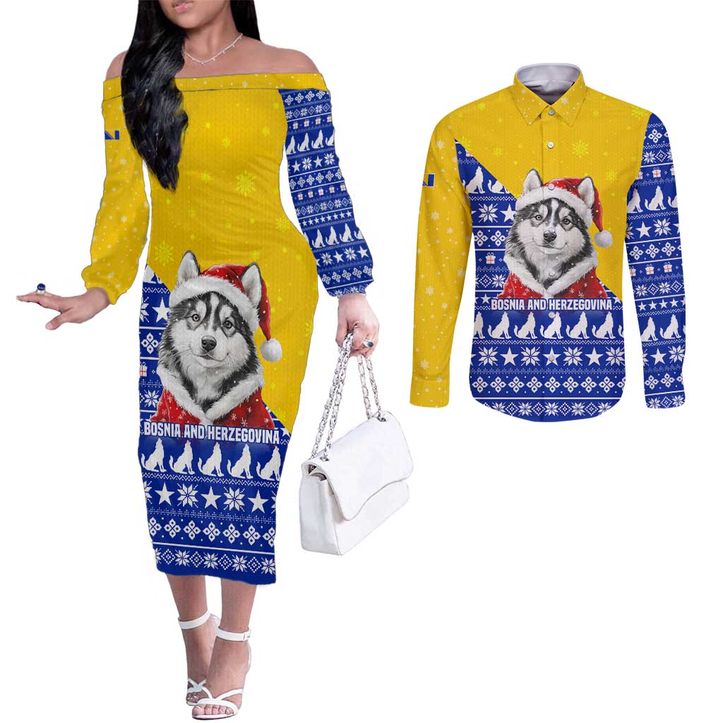 Bosnia and Herzegovina Christmas Couples Matching Off The Shoulder Long Sleeve Dress and Long Sleeve Button Shirt with Husky Dog Santa Hat and Blue Yellow Snowflake Pattern - Wonder Print Shop