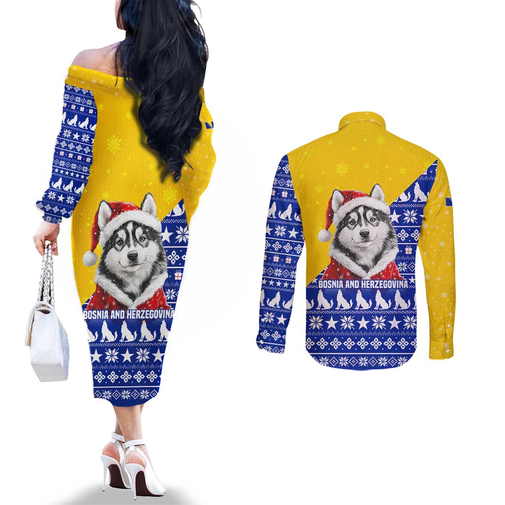 Bosnia and Herzegovina Christmas Couples Matching Off The Shoulder Long Sleeve Dress and Long Sleeve Button Shirt with Husky Dog Santa Hat and Blue Yellow Snowflake Pattern - Wonder Print Shop