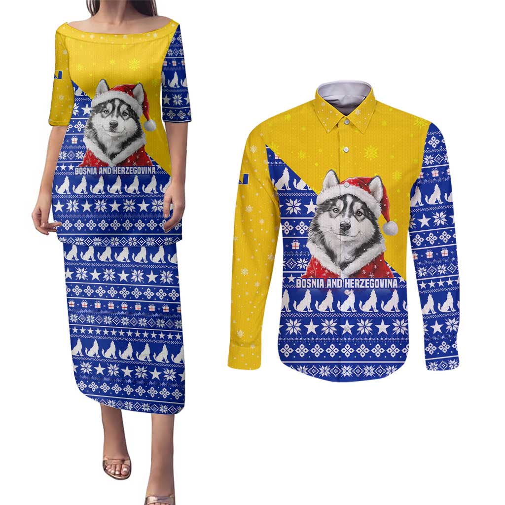 Bosnia and Herzegovina Christmas Couples Matching Puletasi and Long Sleeve Button Shirt with Husky Dog Santa Hat and Blue Yellow Snowflake Pattern - Wonder Print Shop