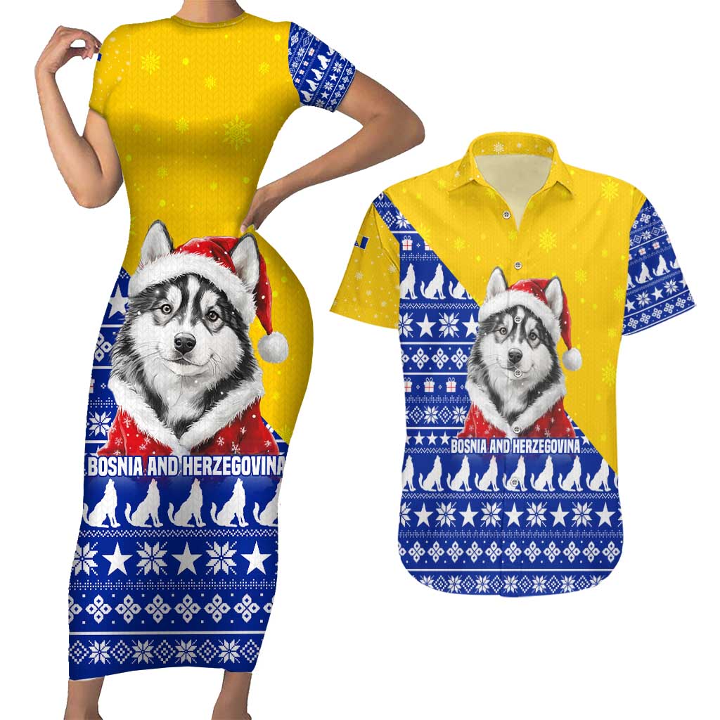 Bosnia and Herzegovina Christmas Couples Matching Short Sleeve Bodycon Dress and Hawaiian Shirt with Husky Dog Santa Hat and Blue Yellow Snowflake Pattern - Wonder Print Shop