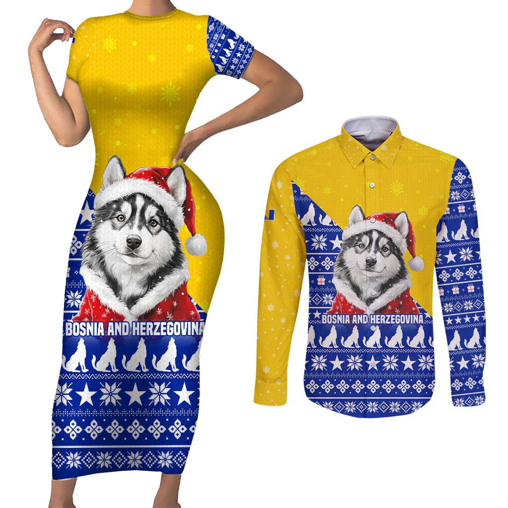 Bosnia and Herzegovina Christmas Couples Matching Short Sleeve Bodycon Dress and Long Sleeve Button Shirt with Husky Dog Santa Hat and Blue Yellow Snowflake Pattern - Wonder Print Shop