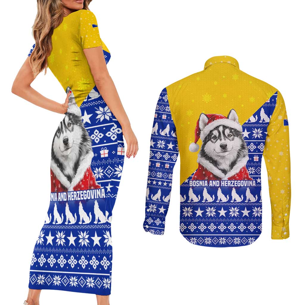 Bosnia and Herzegovina Christmas Couples Matching Short Sleeve Bodycon Dress and Long Sleeve Button Shirt with Husky Dog Santa Hat and Blue Yellow Snowflake Pattern - Wonder Print Shop
