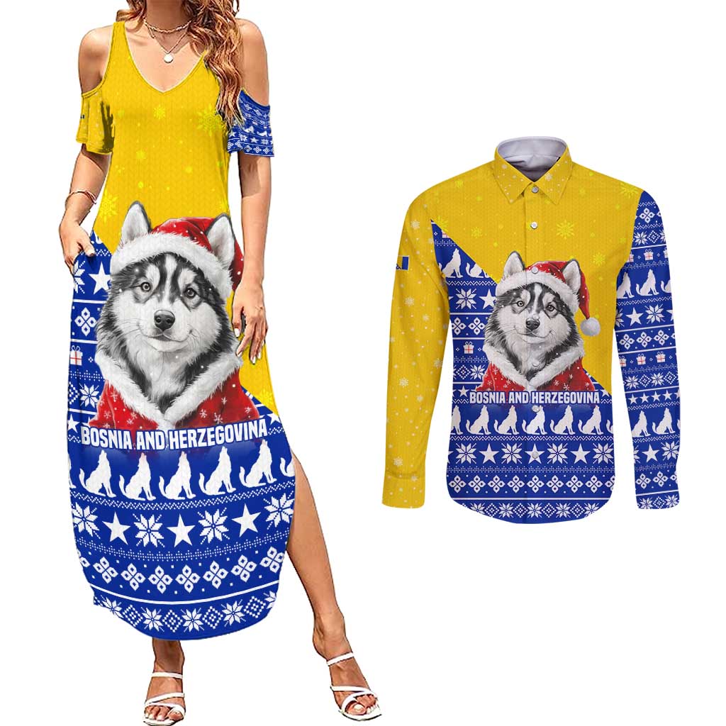 Bosnia and Herzegovina Christmas Couples Matching Summer Maxi Dress and Long Sleeve Button Shirt with Husky Dog Santa Hat and Blue Yellow Snowflake Pattern - Wonder Print Shop