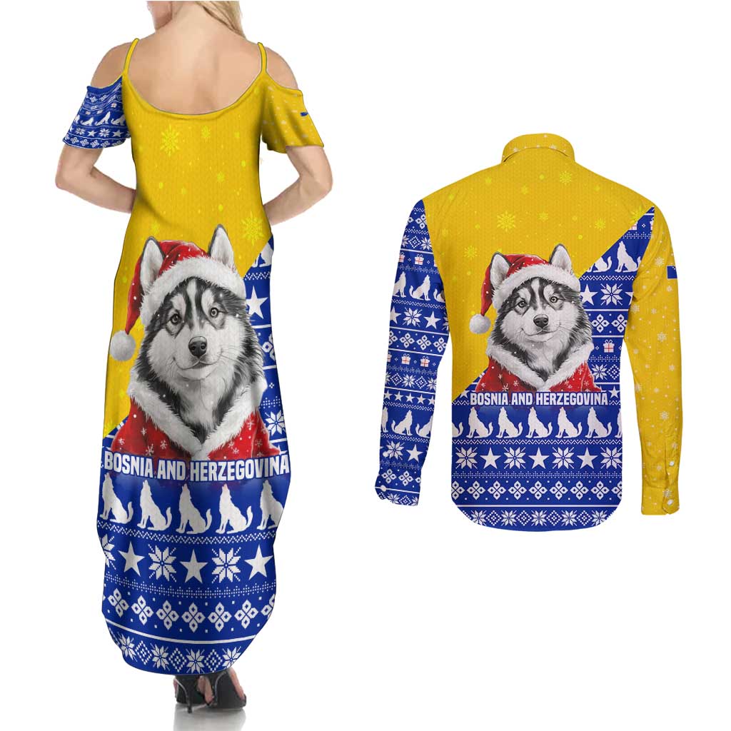 Bosnia and Herzegovina Christmas Couples Matching Summer Maxi Dress and Long Sleeve Button Shirt with Husky Dog Santa Hat and Blue Yellow Snowflake Pattern - Wonder Print Shop