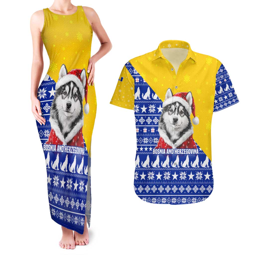 Bosnia and Herzegovina Christmas Couples Matching Tank Maxi Dress and Hawaiian Shirt with Husky Dog Santa Hat and Blue Yellow Snowflake Pattern - Wonder Print Shop