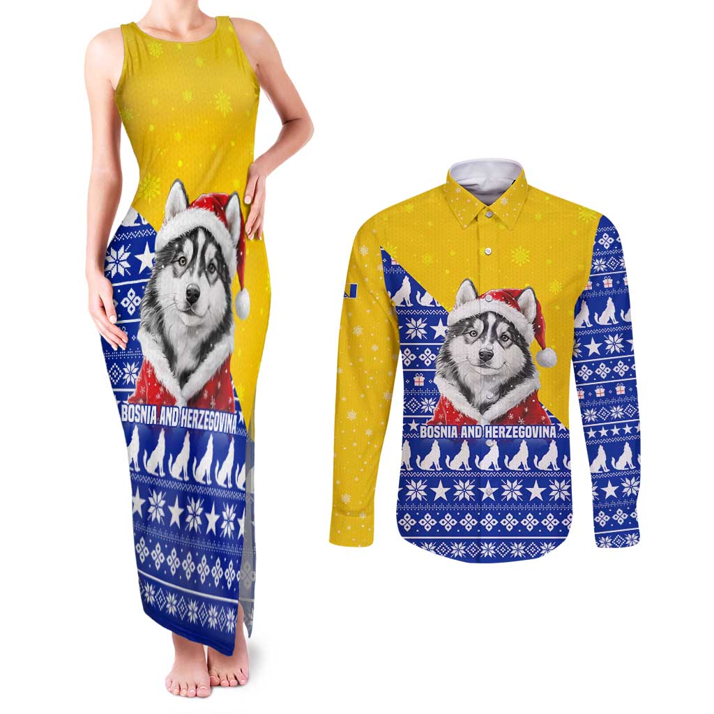 Bosnia and Herzegovina Christmas Couples Matching Tank Maxi Dress and Long Sleeve Button Shirt with Husky Dog Santa Hat and Blue Yellow Snowflake Pattern - Wonder Print Shop