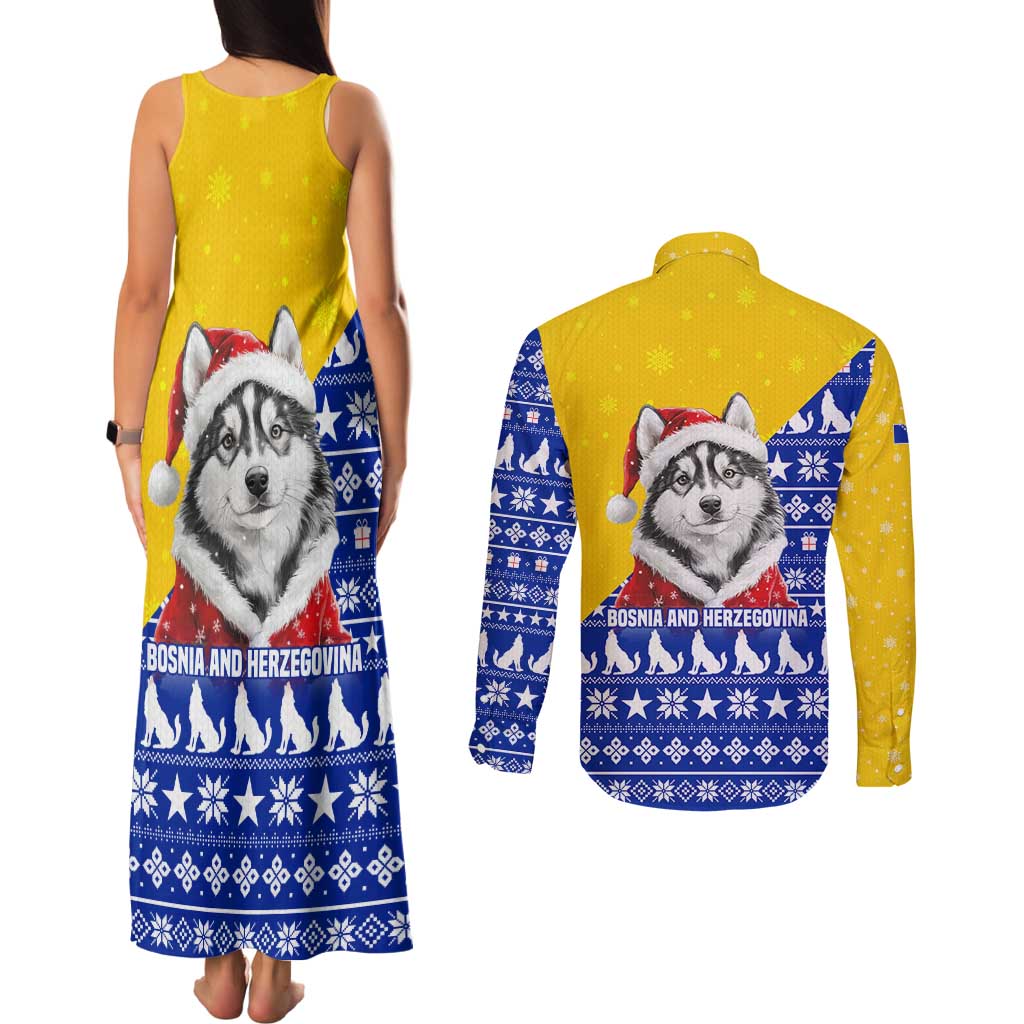Bosnia and Herzegovina Christmas Couples Matching Tank Maxi Dress and Long Sleeve Button Shirt with Husky Dog Santa Hat and Blue Yellow Snowflake Pattern - Wonder Print Shop