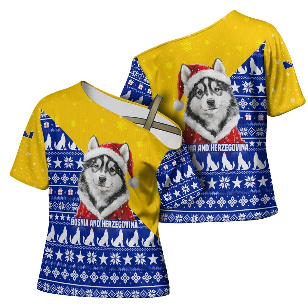 Bosnia and Herzegovina Christmas Cross Shoulder Shirt with Husky Dog Santa Hat and Blue Yellow Snowflake Pattern - Wonder Print Shop