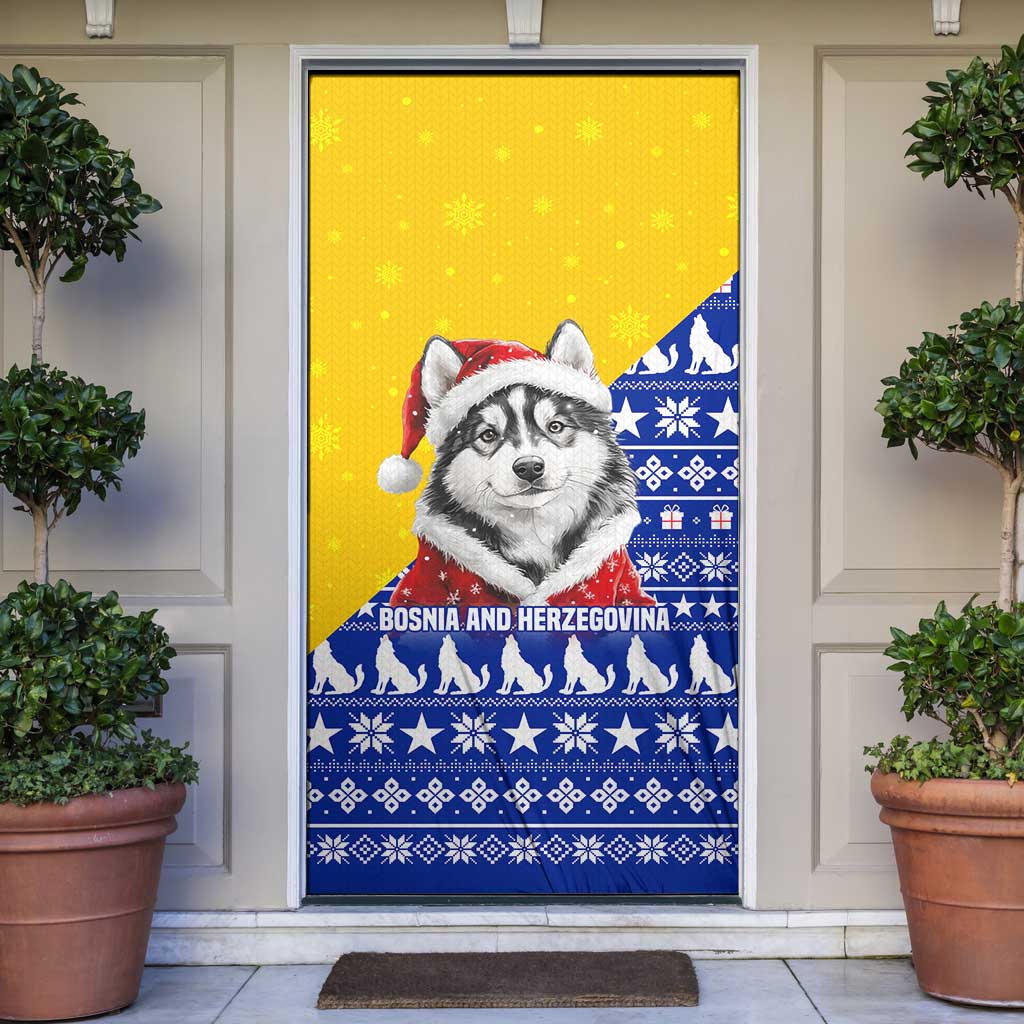 Bosnia and Herzegovina Christmas Door Cover with Husky Dog Santa Hat and Blue Yellow Snowflake Pattern - Wonder Print Shop