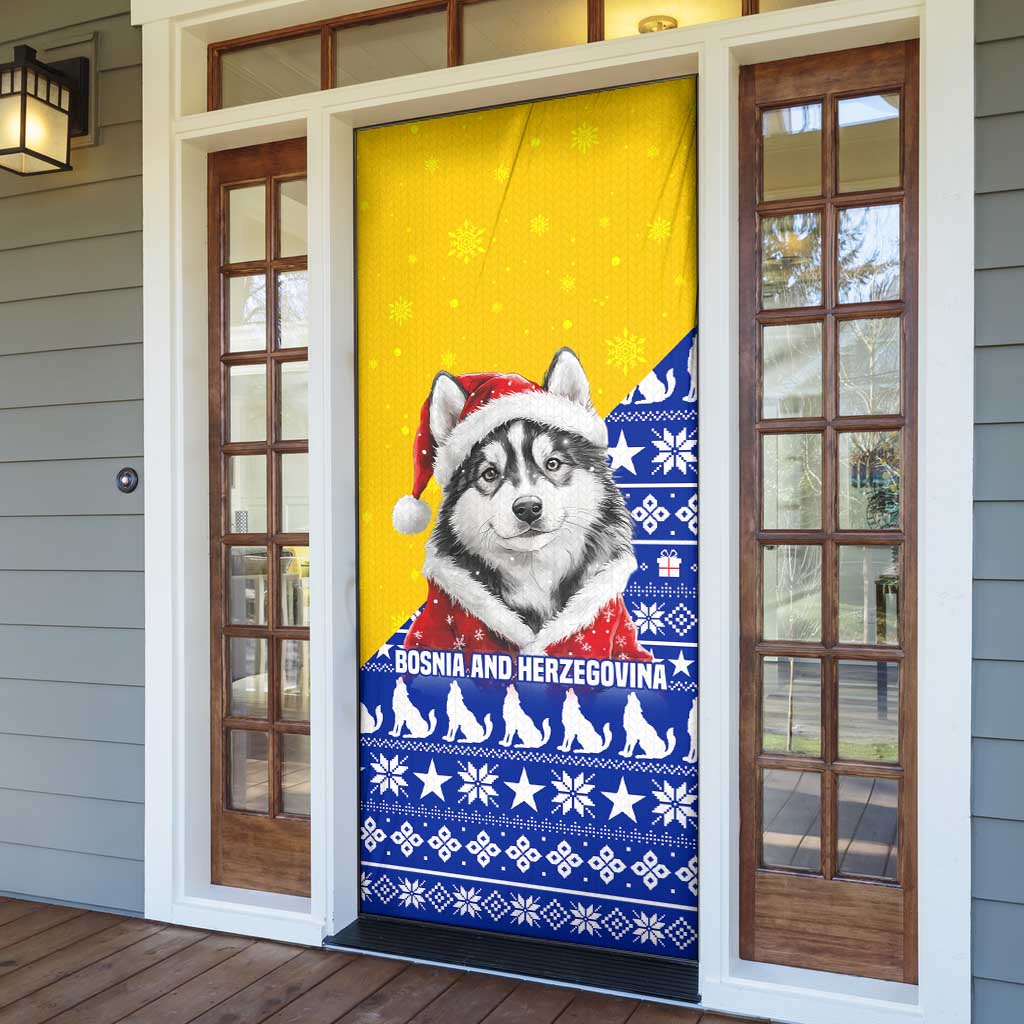 Bosnia and Herzegovina Christmas Door Cover with Husky Dog Santa Hat and Blue Yellow Snowflake Pattern - Wonder Print Shop