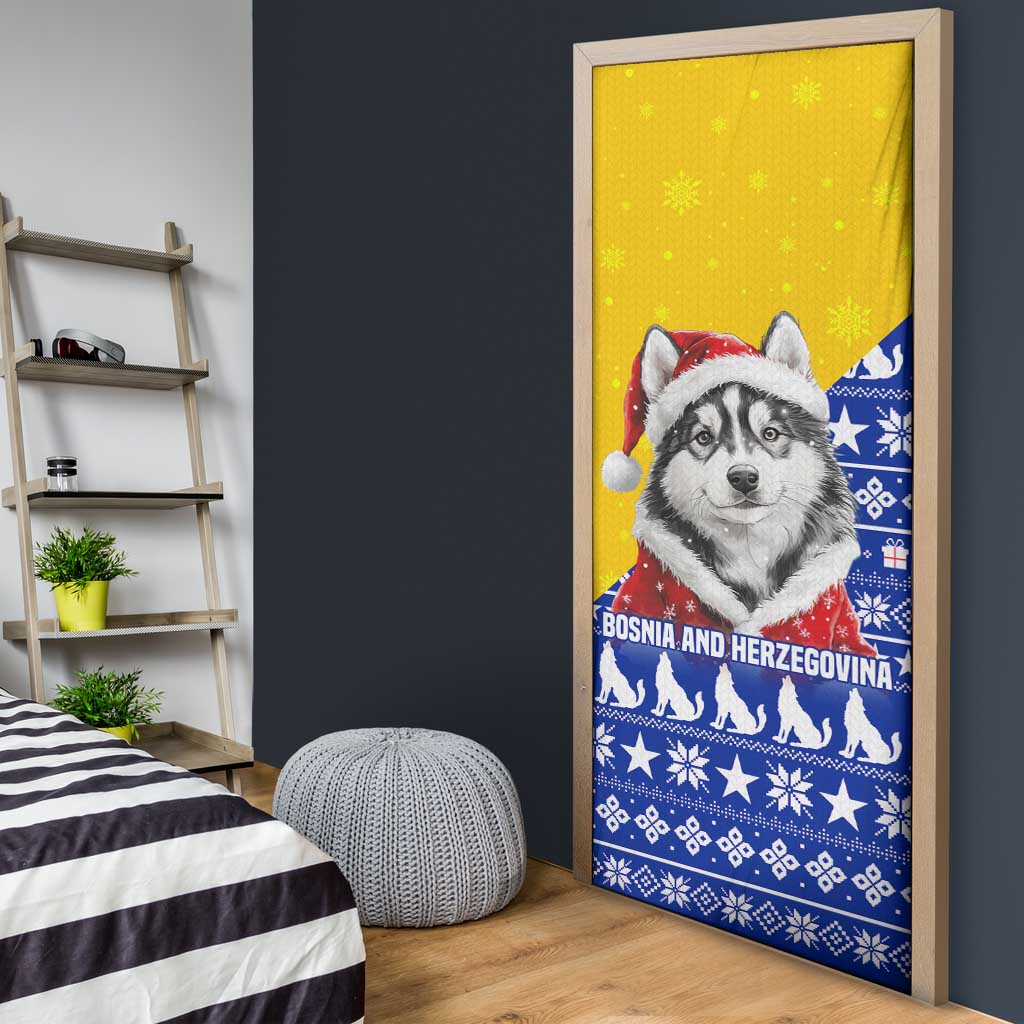 Bosnia and Herzegovina Christmas Door Cover with Husky Dog Santa Hat and Blue Yellow Snowflake Pattern - Wonder Print Shop