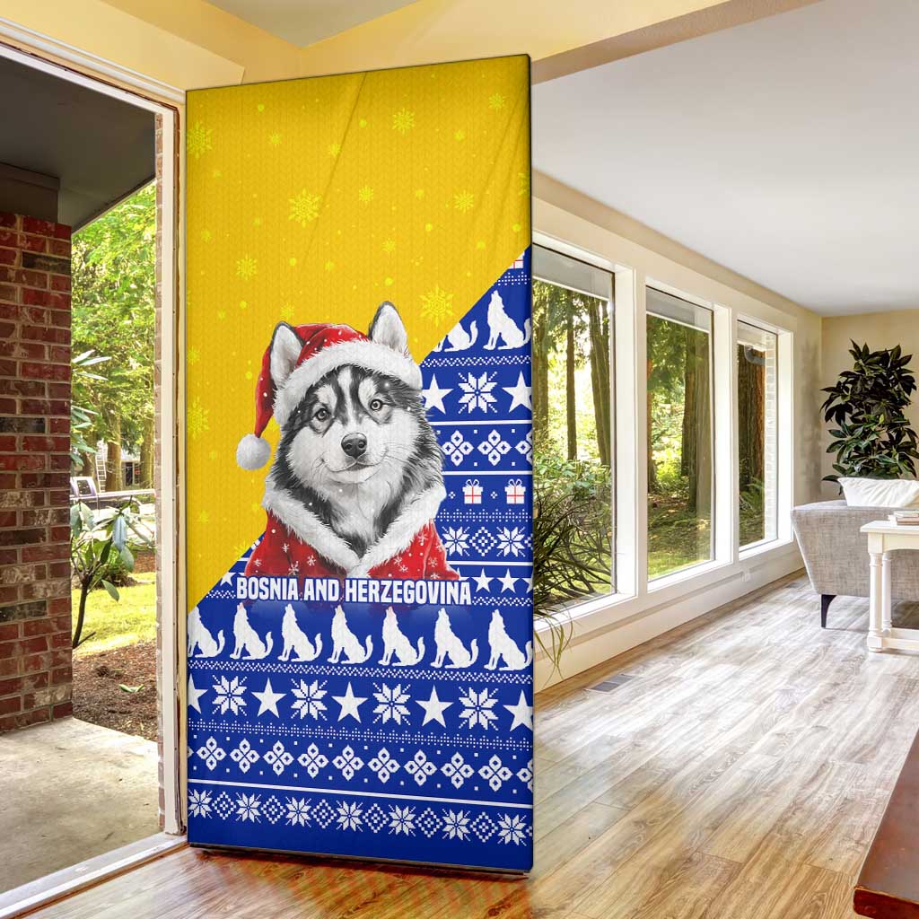 Bosnia and Herzegovina Christmas Door Cover with Husky Dog Santa Hat and Blue Yellow Snowflake Pattern - Wonder Print Shop