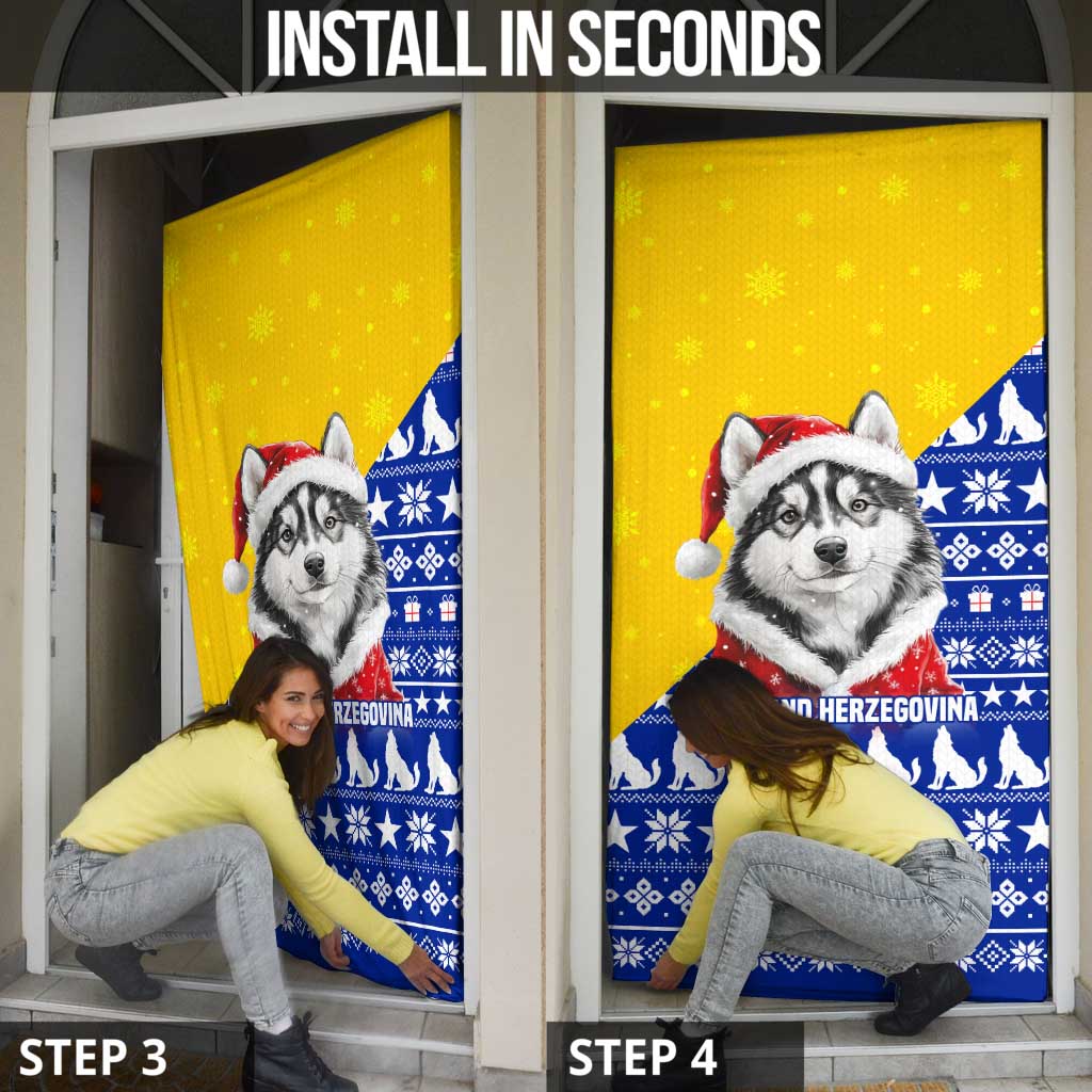 Bosnia and Herzegovina Christmas Door Cover with Husky Dog Santa Hat and Blue Yellow Snowflake Pattern - Wonder Print Shop