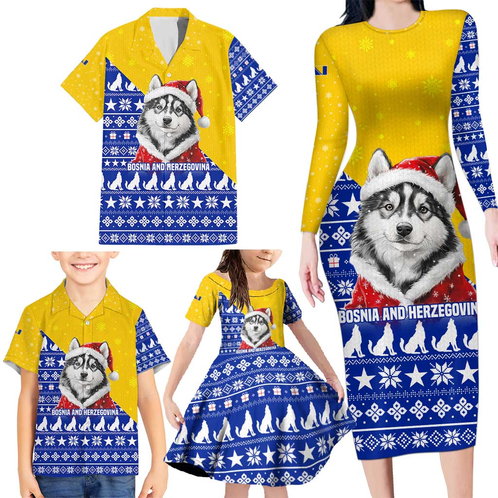 Bosnia and Herzegovina Christmas Family Matching Long Sleeve Bodycon Dress and Hawaiian Shirt with Husky Dog Santa Hat and Blue Yellow Snowflake Pattern - Wonder Print Shop