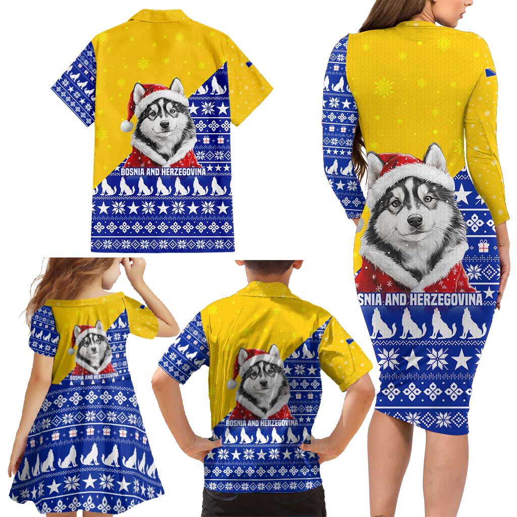 Bosnia and Herzegovina Christmas Family Matching Long Sleeve Bodycon Dress and Hawaiian Shirt with Husky Dog Santa Hat and Blue Yellow Snowflake Pattern - Wonder Print Shop