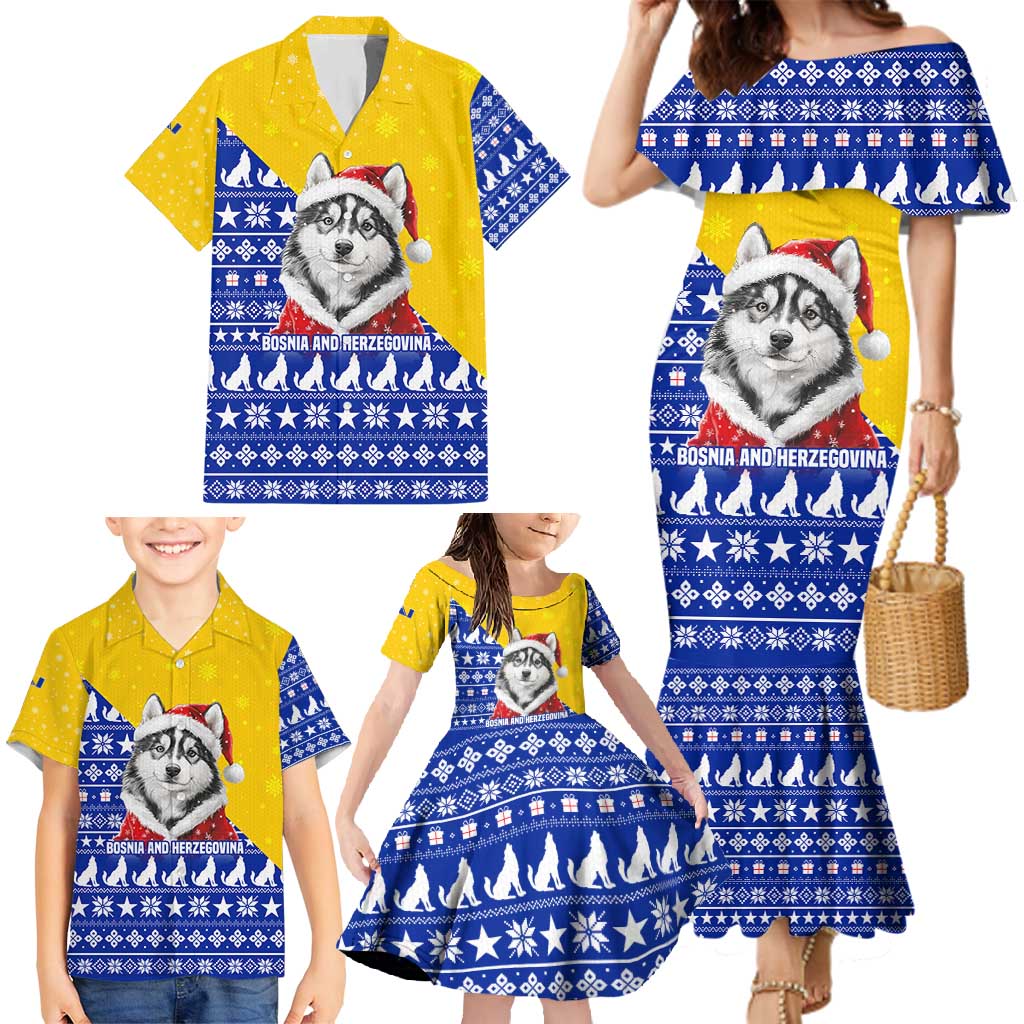 Bosnia and Herzegovina Christmas Family Matching Mermaid Dress and Hawaiian Shirt with Husky Dog Santa Hat and Blue Yellow Snowflake Pattern - Wonder Print Shop