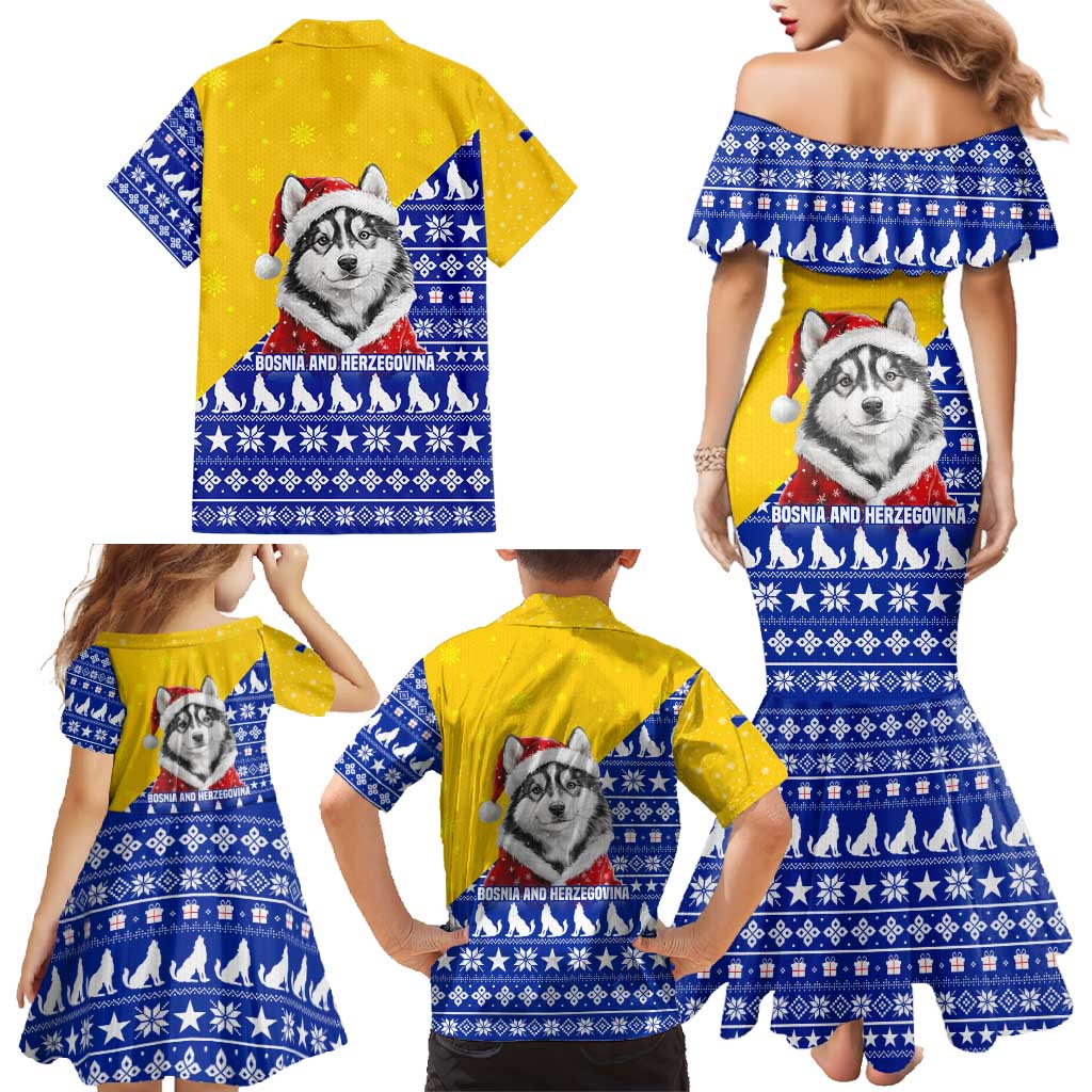 Bosnia and Herzegovina Christmas Family Matching Mermaid Dress and Hawaiian Shirt with Husky Dog Santa Hat and Blue Yellow Snowflake Pattern - Wonder Print Shop