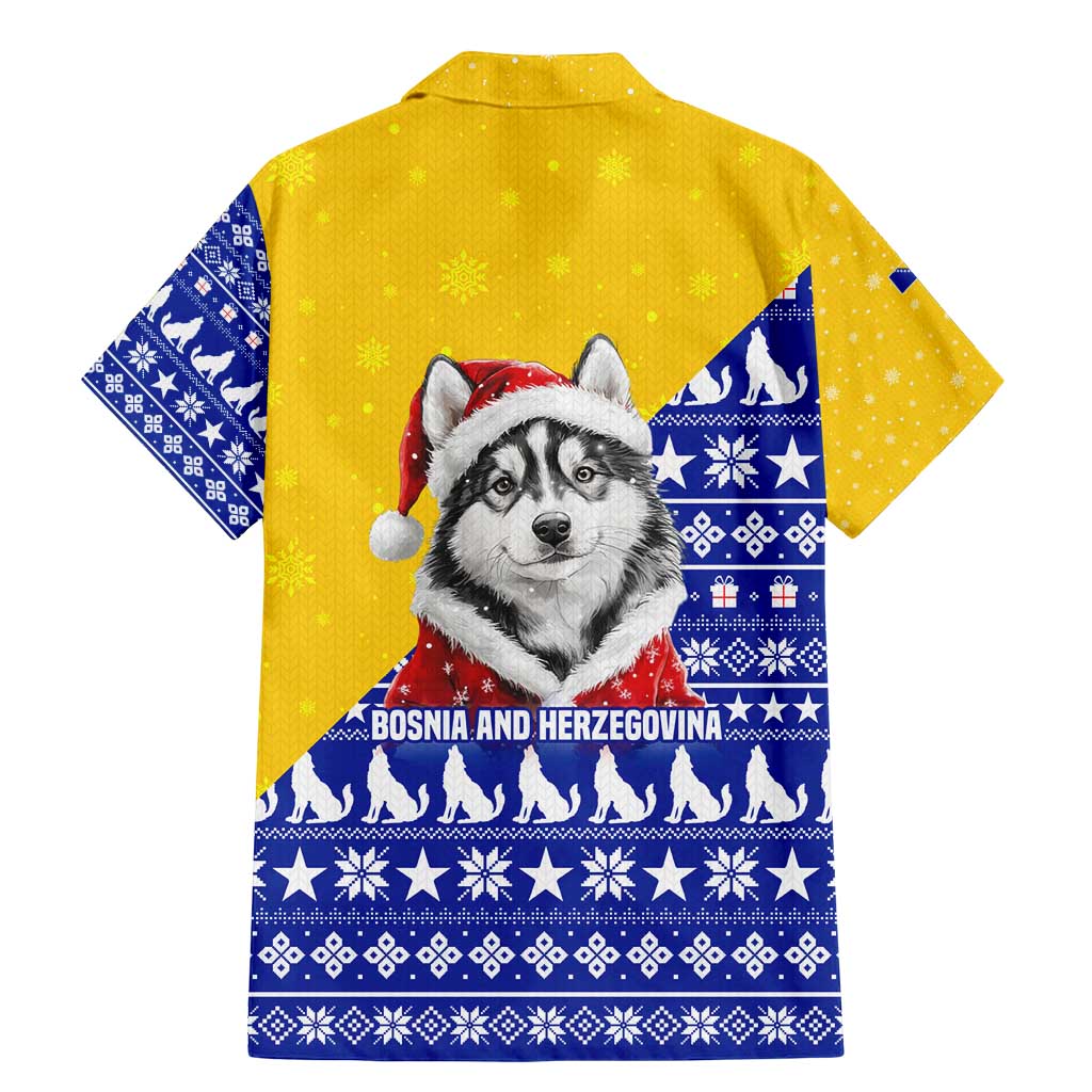 Bosnia and Herzegovina Christmas Family Matching Mermaid Dress and Hawaiian Shirt with Husky Dog Santa Hat and Blue Yellow Snowflake Pattern - Wonder Print Shop