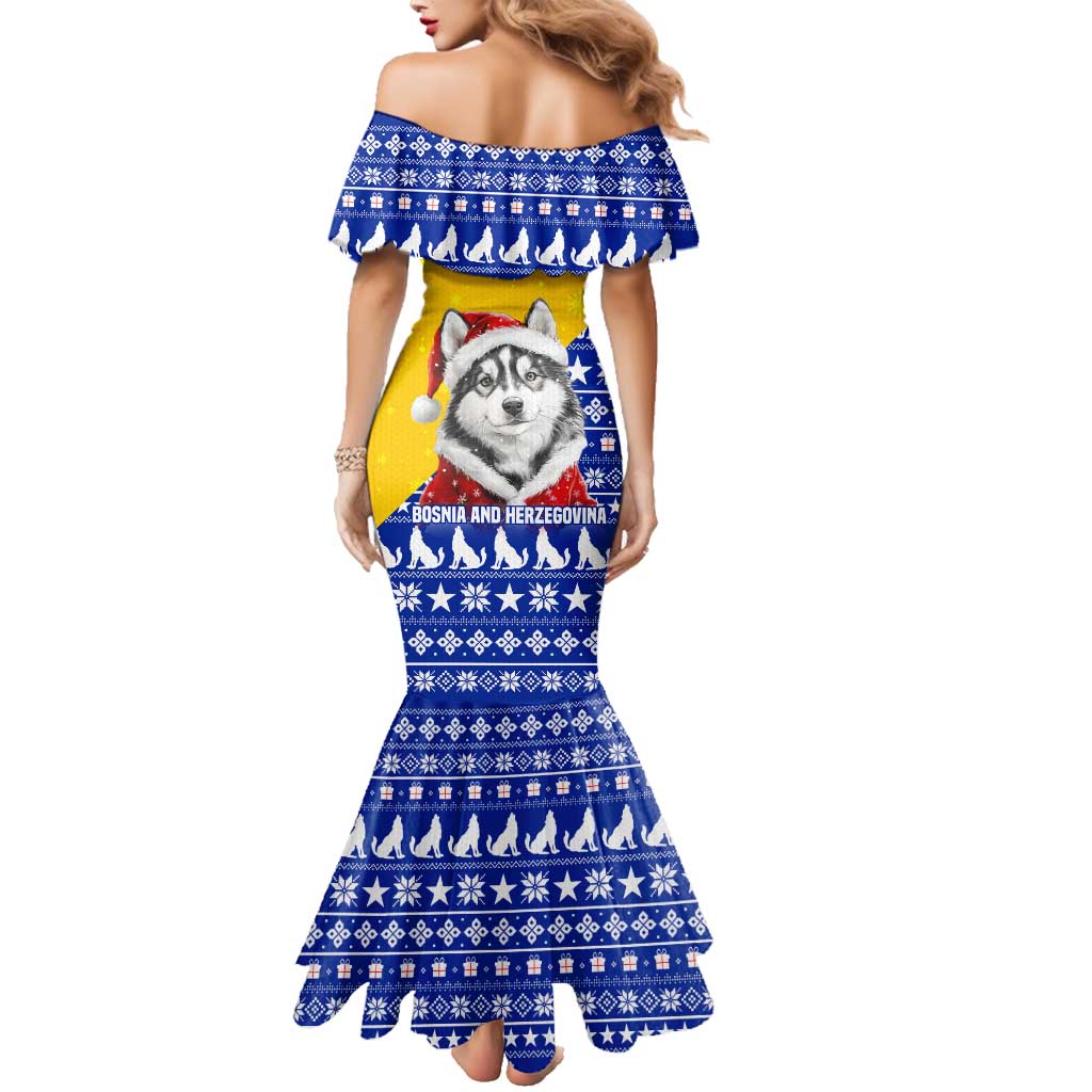 Bosnia and Herzegovina Christmas Family Matching Mermaid Dress and Hawaiian Shirt with Husky Dog Santa Hat and Blue Yellow Snowflake Pattern - Wonder Print Shop