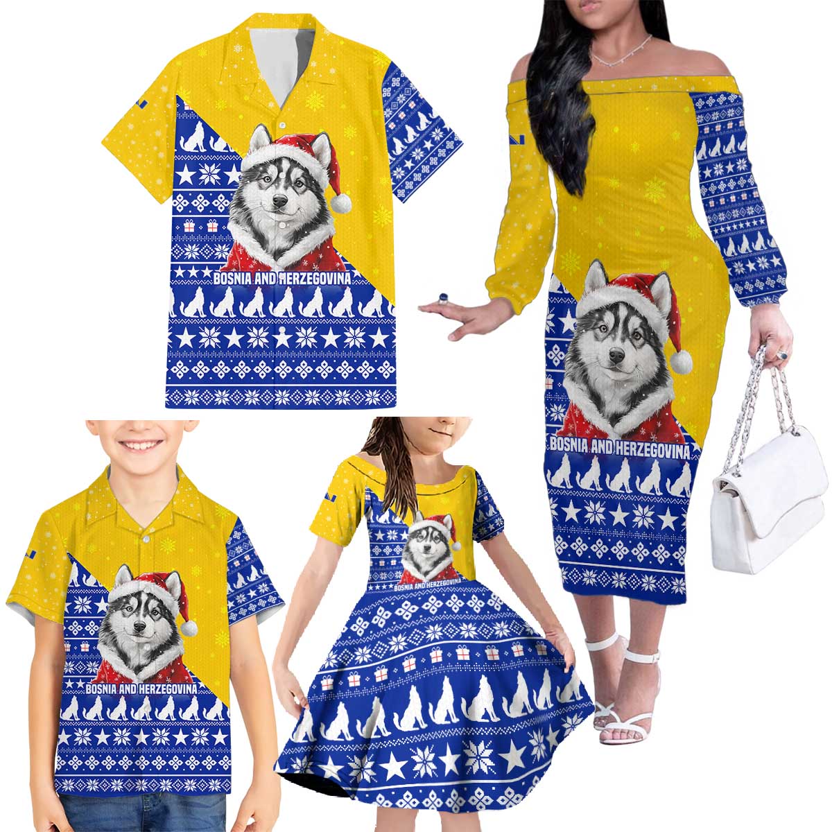 Bosnia and Herzegovina Christmas Family Matching Off The Shoulder Long Sleeve Dress and Hawaiian Shirt with Husky Dog Santa Hat and Blue Yellow Snowflake Pattern - Wonder Print Shop