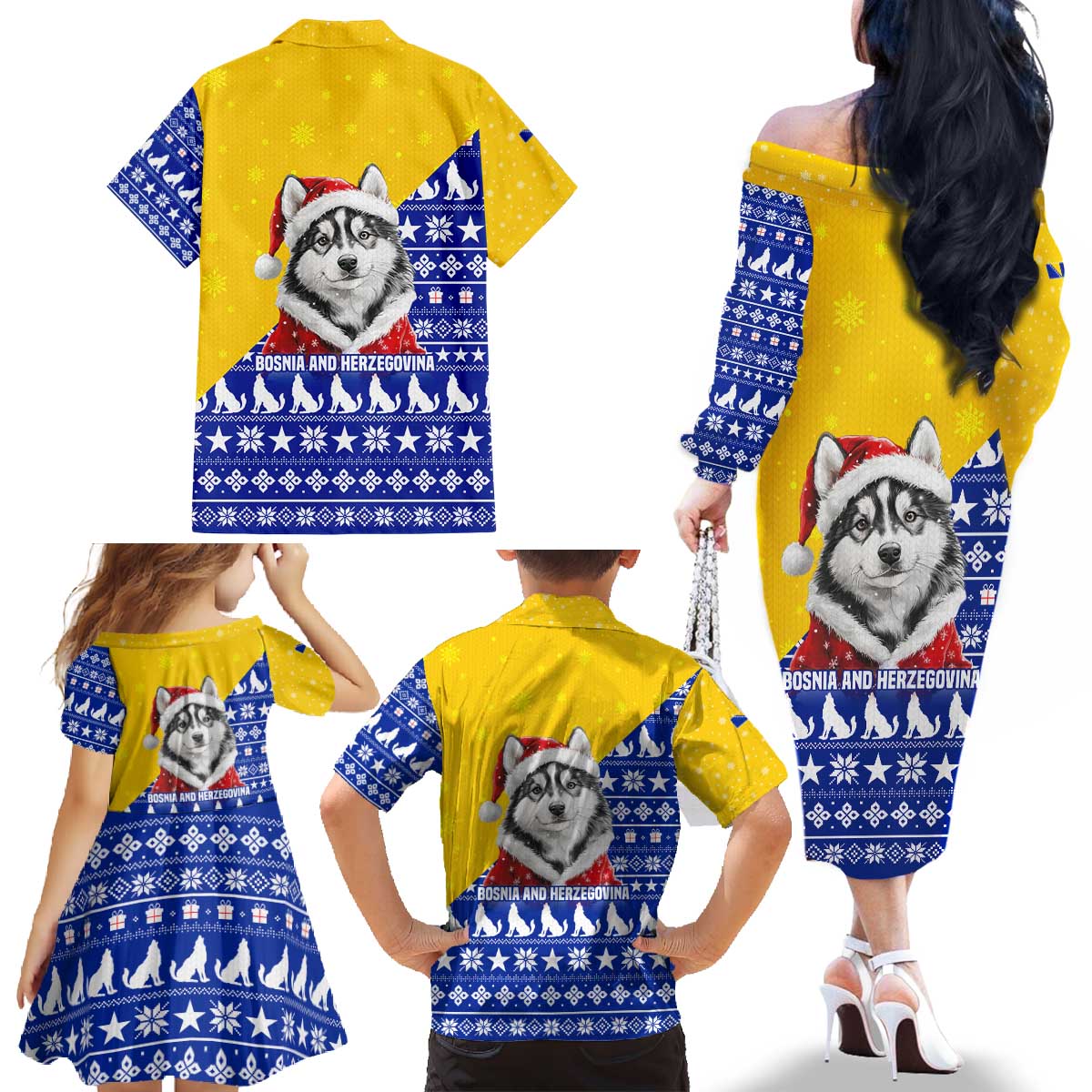 Bosnia and Herzegovina Christmas Family Matching Off The Shoulder Long Sleeve Dress and Hawaiian Shirt with Husky Dog Santa Hat and Blue Yellow Snowflake Pattern - Wonder Print Shop