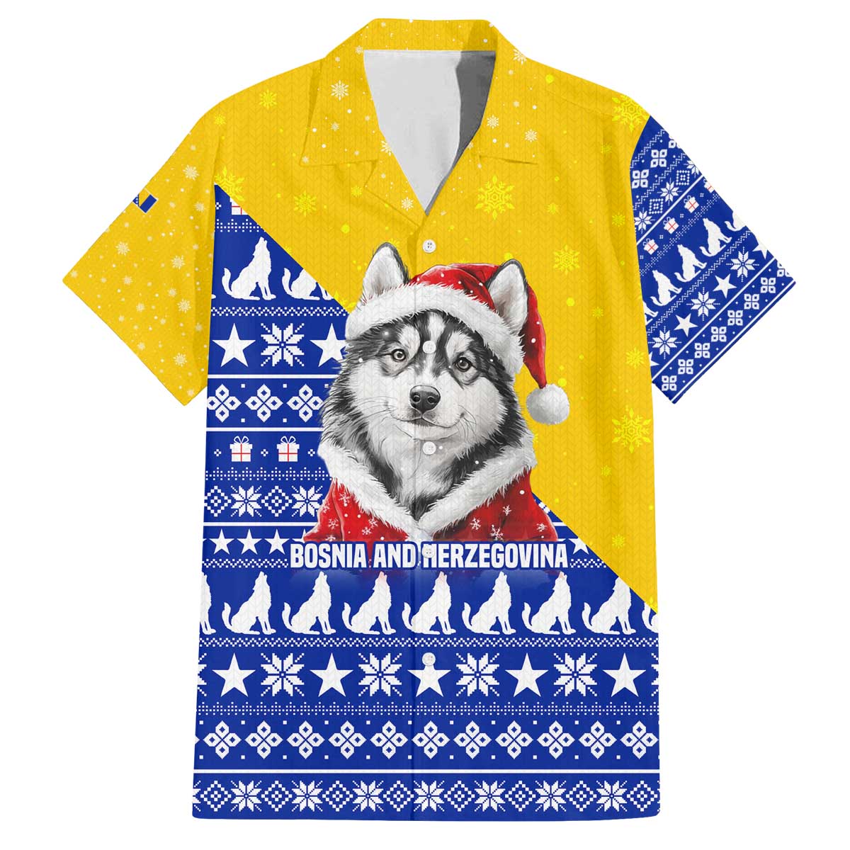 Bosnia and Herzegovina Christmas Family Matching Off The Shoulder Long Sleeve Dress and Hawaiian Shirt with Husky Dog Santa Hat and Blue Yellow Snowflake Pattern - Wonder Print Shop