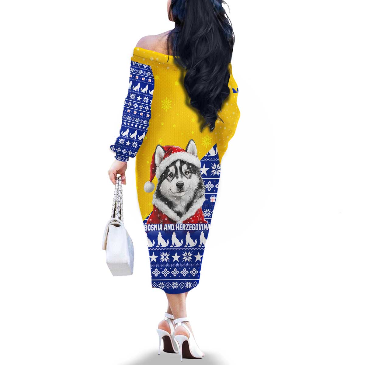 Bosnia and Herzegovina Christmas Family Matching Off The Shoulder Long Sleeve Dress and Hawaiian Shirt with Husky Dog Santa Hat and Blue Yellow Snowflake Pattern - Wonder Print Shop