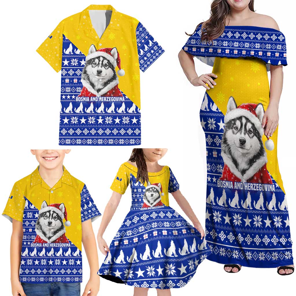 Bosnia and Herzegovina Christmas Family Matching Off Shoulder Maxi Dress and Hawaiian Shirt with Husky Dog Santa Hat and Blue Yellow Snowflake Pattern - Wonder Print Shop