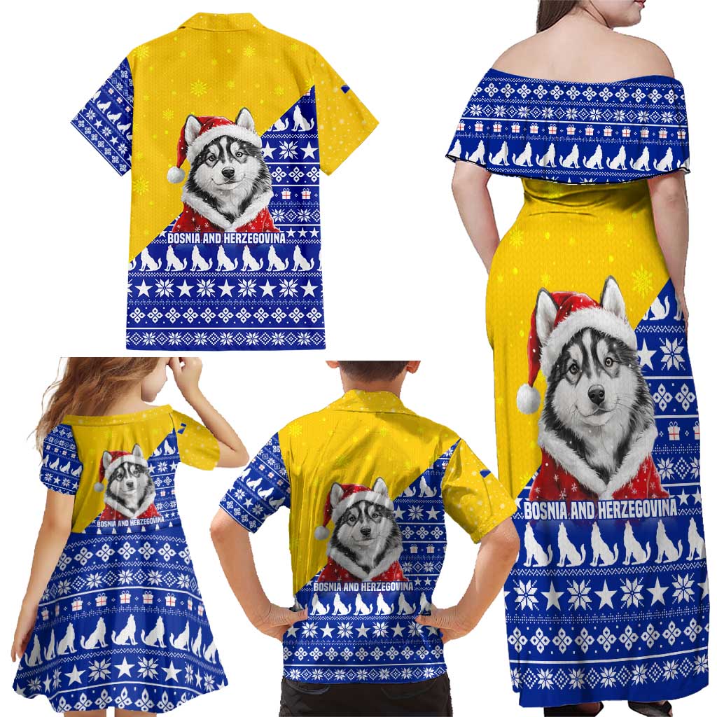 Bosnia and Herzegovina Christmas Family Matching Off Shoulder Maxi Dress and Hawaiian Shirt with Husky Dog Santa Hat and Blue Yellow Snowflake Pattern - Wonder Print Shop