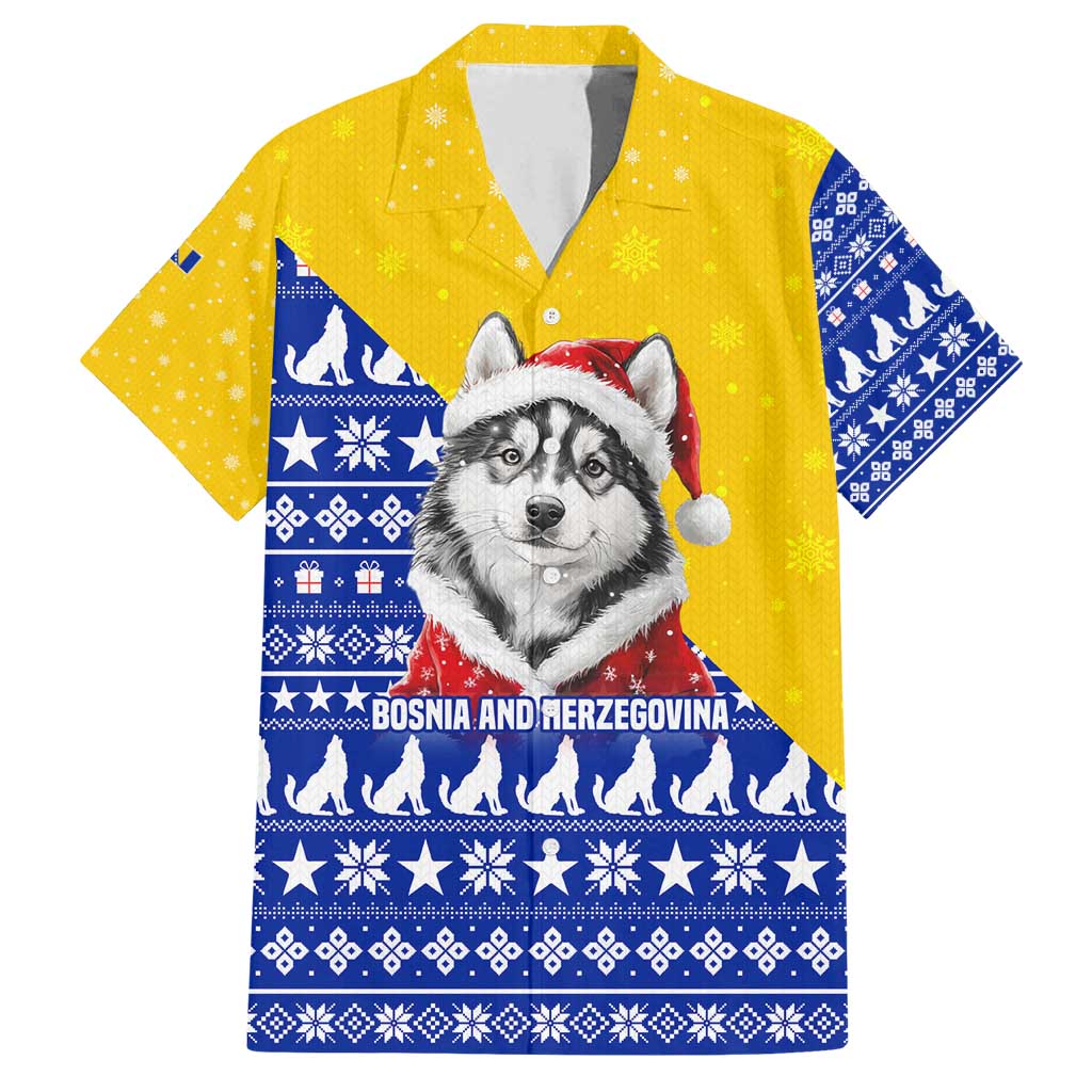 Bosnia and Herzegovina Christmas Family Matching Off Shoulder Maxi Dress and Hawaiian Shirt with Husky Dog Santa Hat and Blue Yellow Snowflake Pattern - Wonder Print Shop