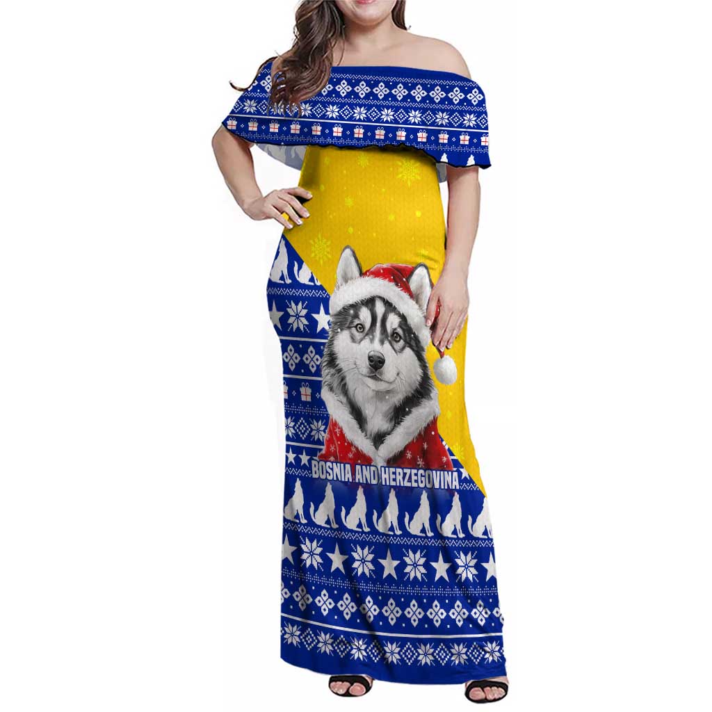 Bosnia and Herzegovina Christmas Family Matching Off Shoulder Maxi Dress and Hawaiian Shirt with Husky Dog Santa Hat and Blue Yellow Snowflake Pattern - Wonder Print Shop