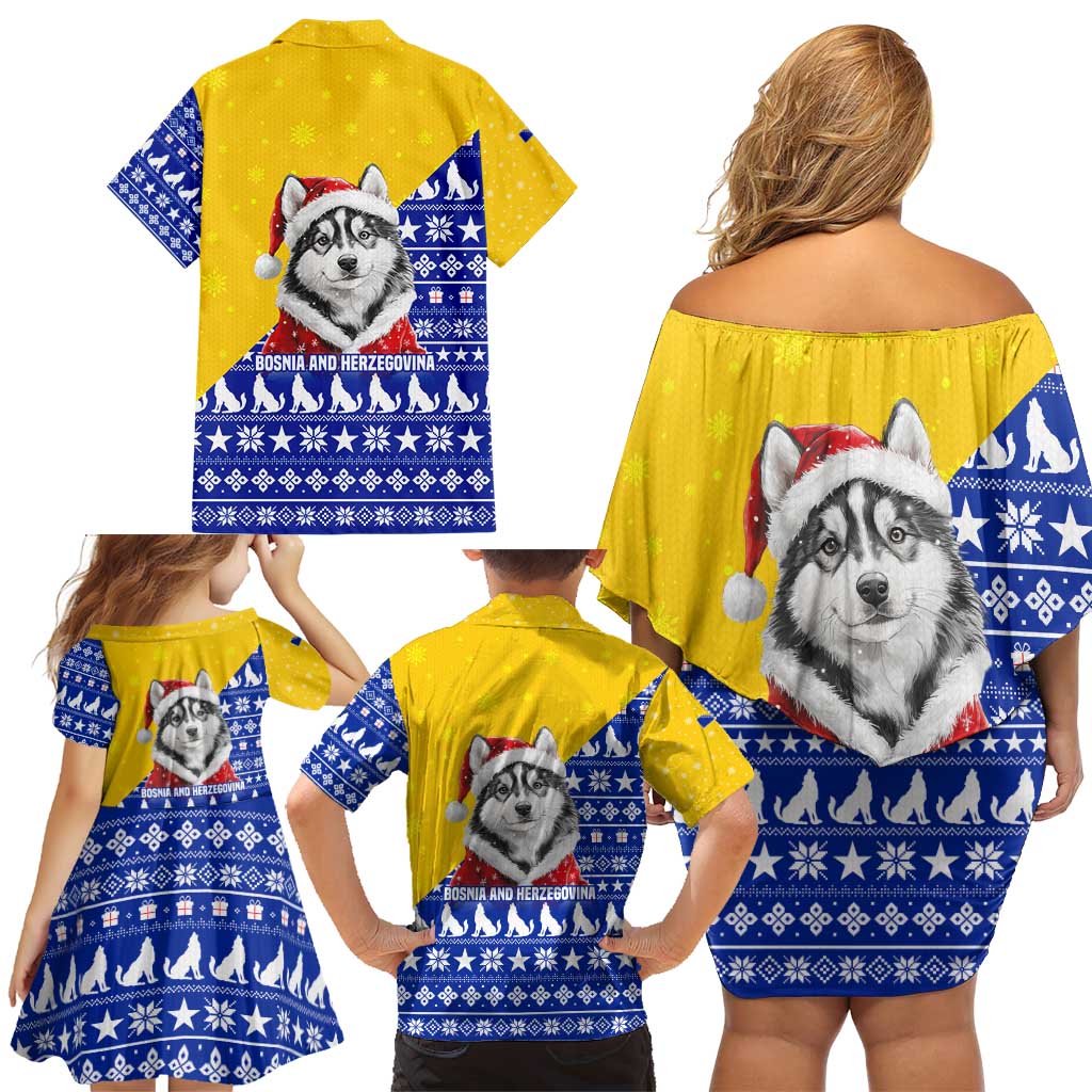 Bosnia and Herzegovina Christmas Family Matching Off Shoulder Short Dress and Hawaiian Shirt with Husky Dog Santa Hat and Blue Yellow Snowflake Pattern - Wonder Print Shop