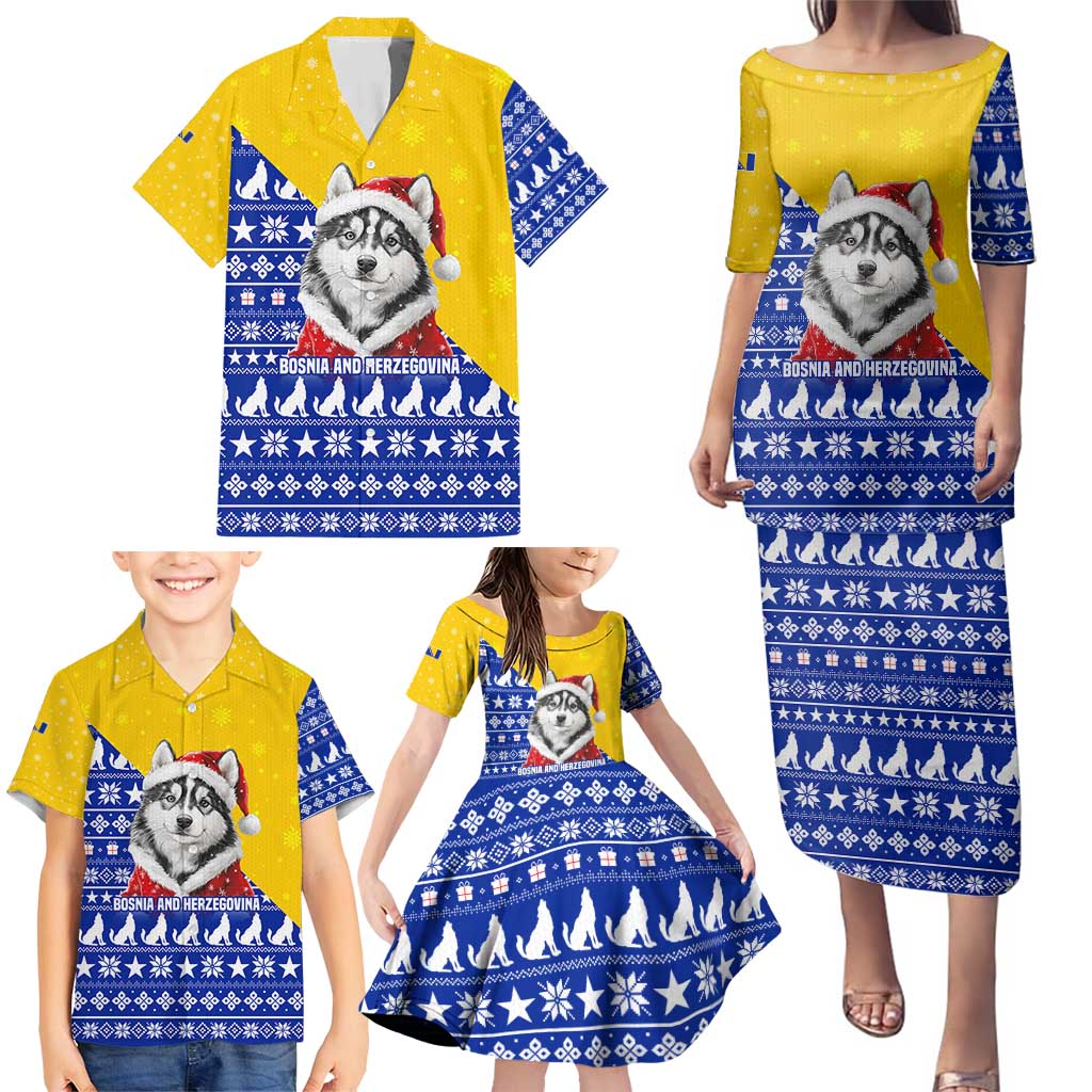 Bosnia and Herzegovina Christmas Family Matching Puletasi and Hawaiian Shirt with Husky Dog Santa Hat and Blue Yellow Snowflake Pattern - Wonder Print Shop