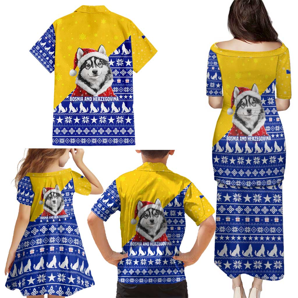 Bosnia and Herzegovina Christmas Family Matching Puletasi and Hawaiian Shirt with Husky Dog Santa Hat and Blue Yellow Snowflake Pattern - Wonder Print Shop