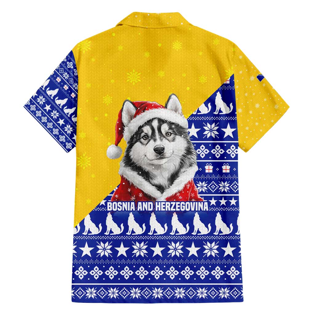 Bosnia and Herzegovina Christmas Family Matching Puletasi and Hawaiian Shirt with Husky Dog Santa Hat and Blue Yellow Snowflake Pattern - Wonder Print Shop