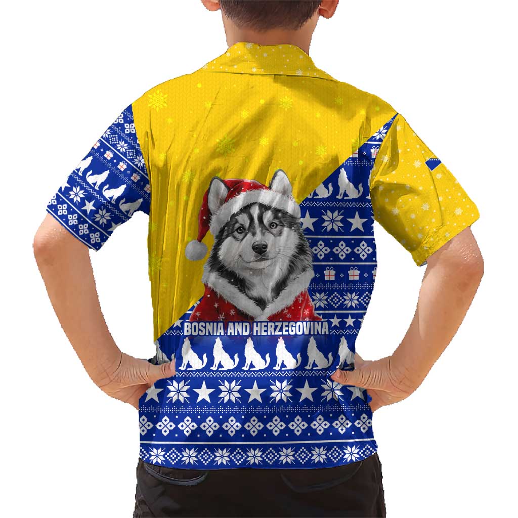 Bosnia and Herzegovina Christmas Family Matching Short Sleeve Bodycon Dress and Hawaiian Shirt with Husky Dog Santa Hat and Blue Yellow Snowflake Pattern - Wonder Print Shop