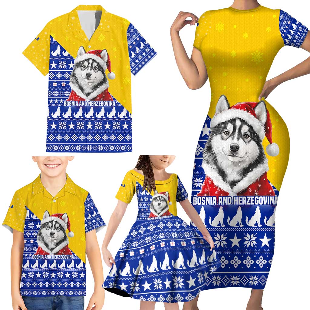 Bosnia and Herzegovina Christmas Family Matching Short Sleeve Bodycon Dress and Hawaiian Shirt with Husky Dog Santa Hat and Blue Yellow Snowflake Pattern - Wonder Print Shop