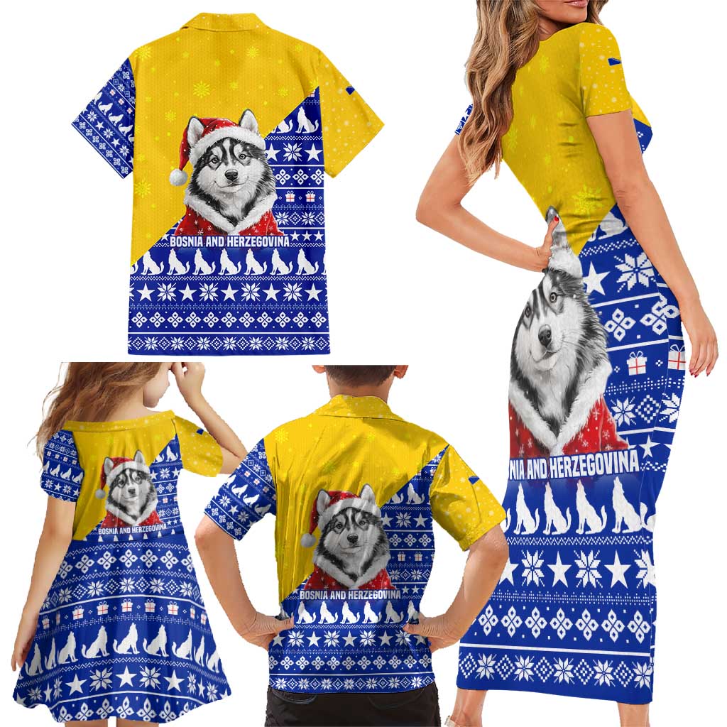 Bosnia and Herzegovina Christmas Family Matching Short Sleeve Bodycon Dress and Hawaiian Shirt with Husky Dog Santa Hat and Blue Yellow Snowflake Pattern - Wonder Print Shop