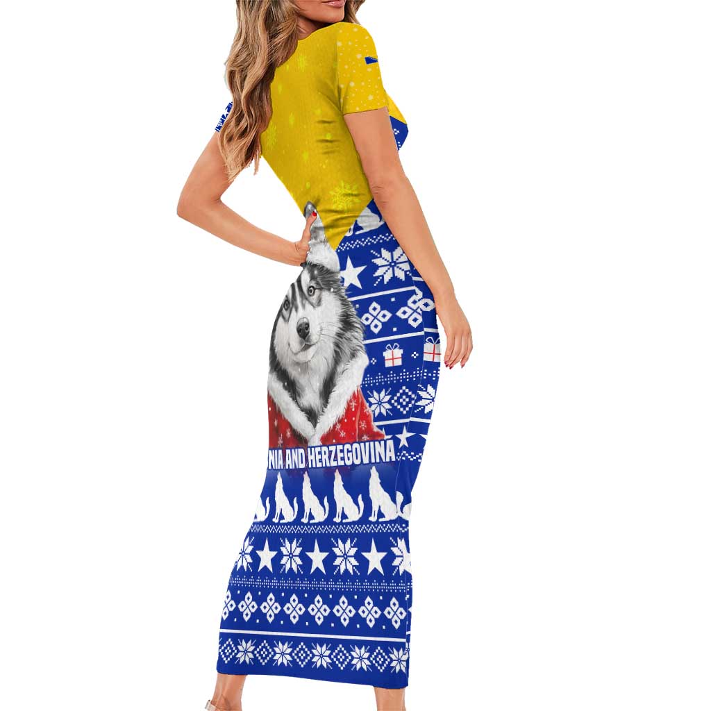 Bosnia and Herzegovina Christmas Family Matching Short Sleeve Bodycon Dress and Hawaiian Shirt with Husky Dog Santa Hat and Blue Yellow Snowflake Pattern - Wonder Print Shop