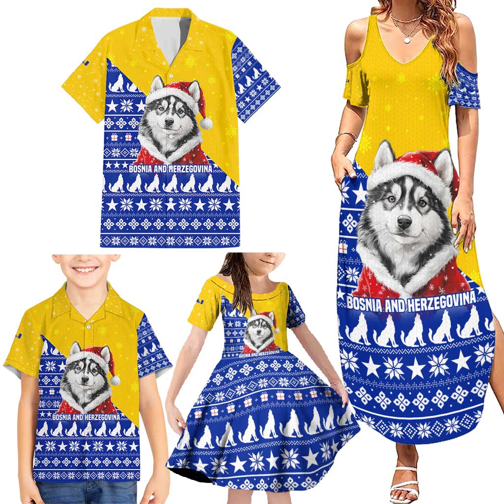 Bosnia and Herzegovina Christmas Family Matching Summer Maxi Dress and Hawaiian Shirt with Husky Dog Santa Hat and Blue Yellow Snowflake Pattern - Wonder Print Shop