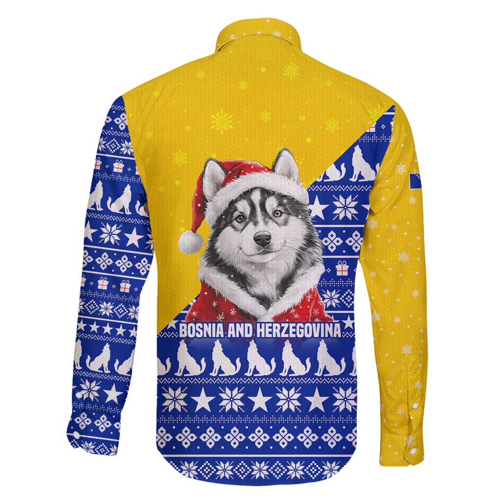 Bosnia and Herzegovina Christmas Family Matching Summer Maxi Dress and Hawaiian Shirt with Husky Dog Santa Hat and Blue Yellow Snowflake Pattern - Wonder Print Shop