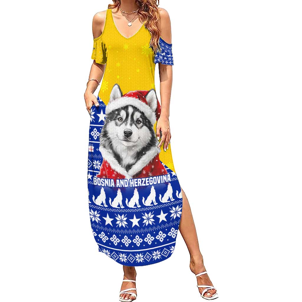 Bosnia and Herzegovina Christmas Family Matching Summer Maxi Dress and Hawaiian Shirt with Husky Dog Santa Hat and Blue Yellow Snowflake Pattern - Wonder Print Shop