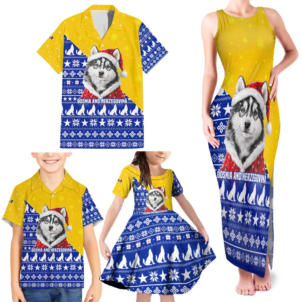 Bosnia and Herzegovina Christmas Family Matching Tank Maxi Dress and Hawaiian Shirt with Husky Dog Santa Hat and Blue Yellow Snowflake Pattern - Wonder Print Shop