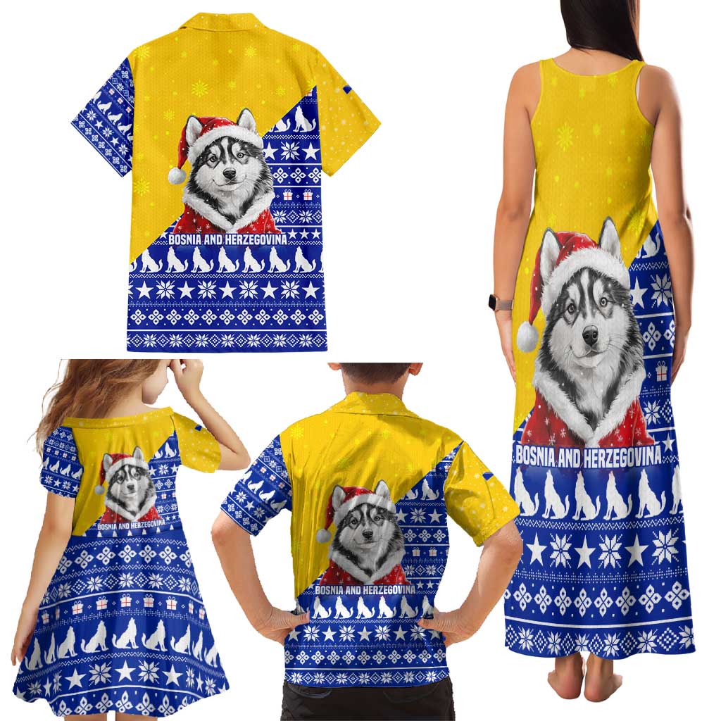 Bosnia and Herzegovina Christmas Family Matching Tank Maxi Dress and Hawaiian Shirt with Husky Dog Santa Hat and Blue Yellow Snowflake Pattern - Wonder Print Shop