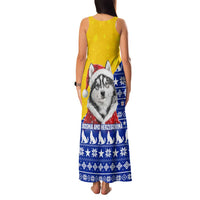 Bosnia and Herzegovina Christmas Family Matching Tank Maxi Dress and Hawaiian Shirt with Husky Dog Santa Hat and Blue Yellow Snowflake Pattern - Wonder Print Shop