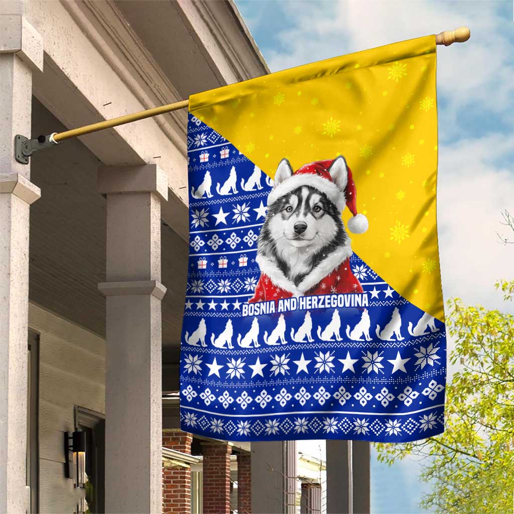 Bosnia and Herzegovina Christmas Garden Flag with Husky Dog Santa Hat and Blue Yellow Snowflake Pattern - Wonder Print Shop