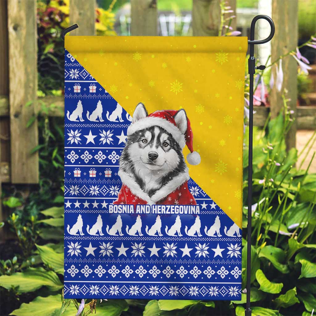 Bosnia and Herzegovina Christmas Garden Flag with Husky Dog Santa Hat and Blue Yellow Snowflake Pattern - Wonder Print Shop