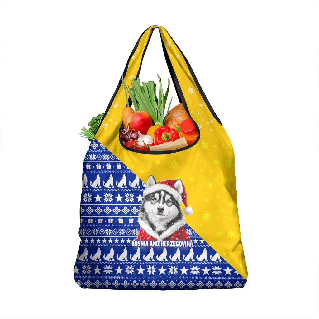 Bosnia and Herzegovina Christmas Grocery Bag with Husky Dog Santa Hat and Blue Yellow Snowflake Pattern - Wonder Print Shop