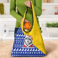 Bosnia and Herzegovina Christmas Grocery Bag with Husky Dog Santa Hat and Blue Yellow Snowflake Pattern - Wonder Print Shop