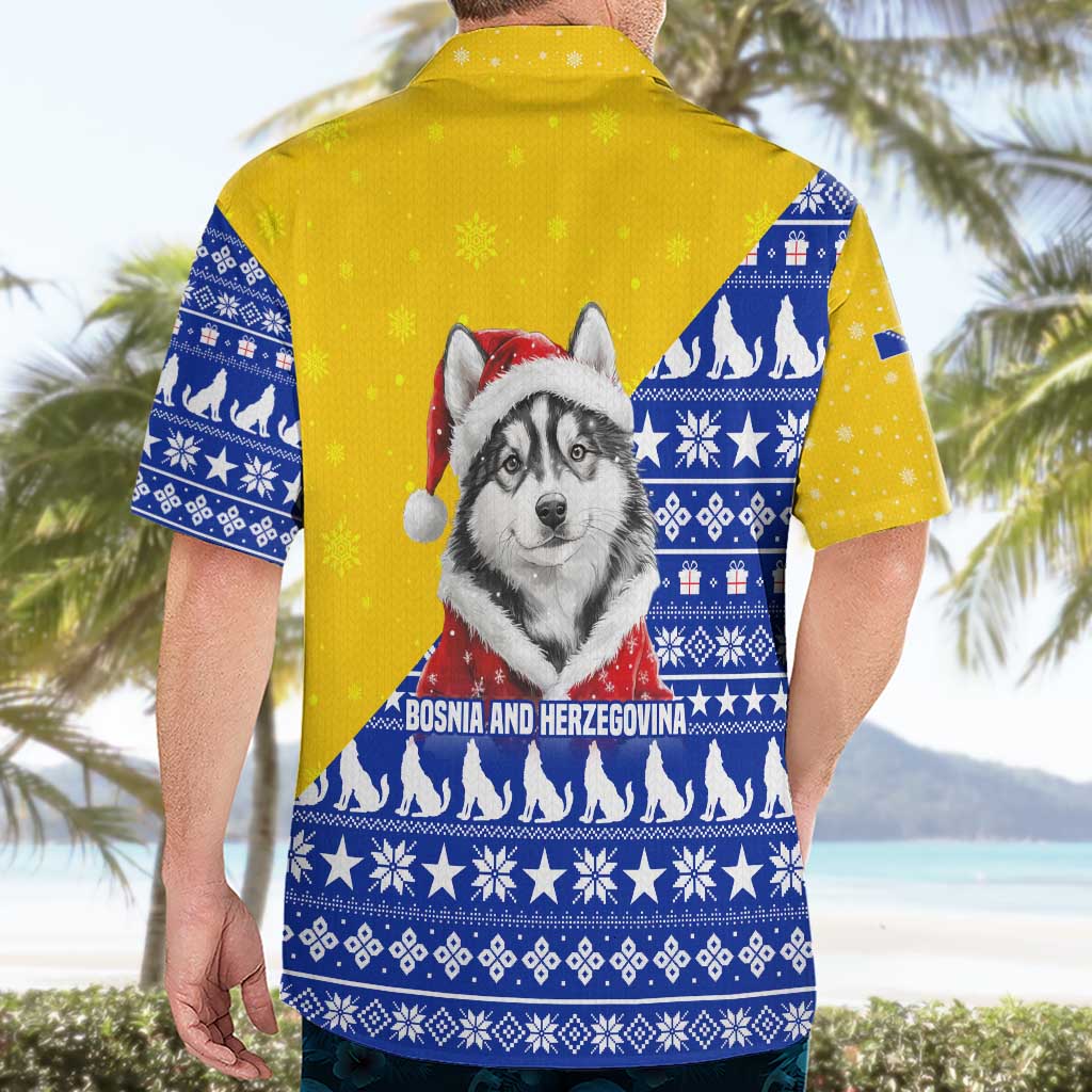 Bosnia and Herzegovina Christmas Hawaiian Shirt with Husky Dog Santa Hat and Blue Yellow Snowflake Pattern - Wonder Print Shop